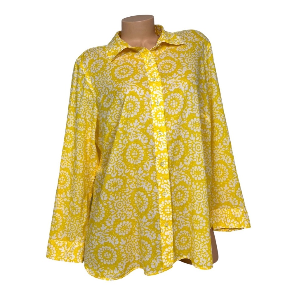 Talbots Womens 2XP Yellow White Floral Medallion Cotton Button Down Blouse Shirt